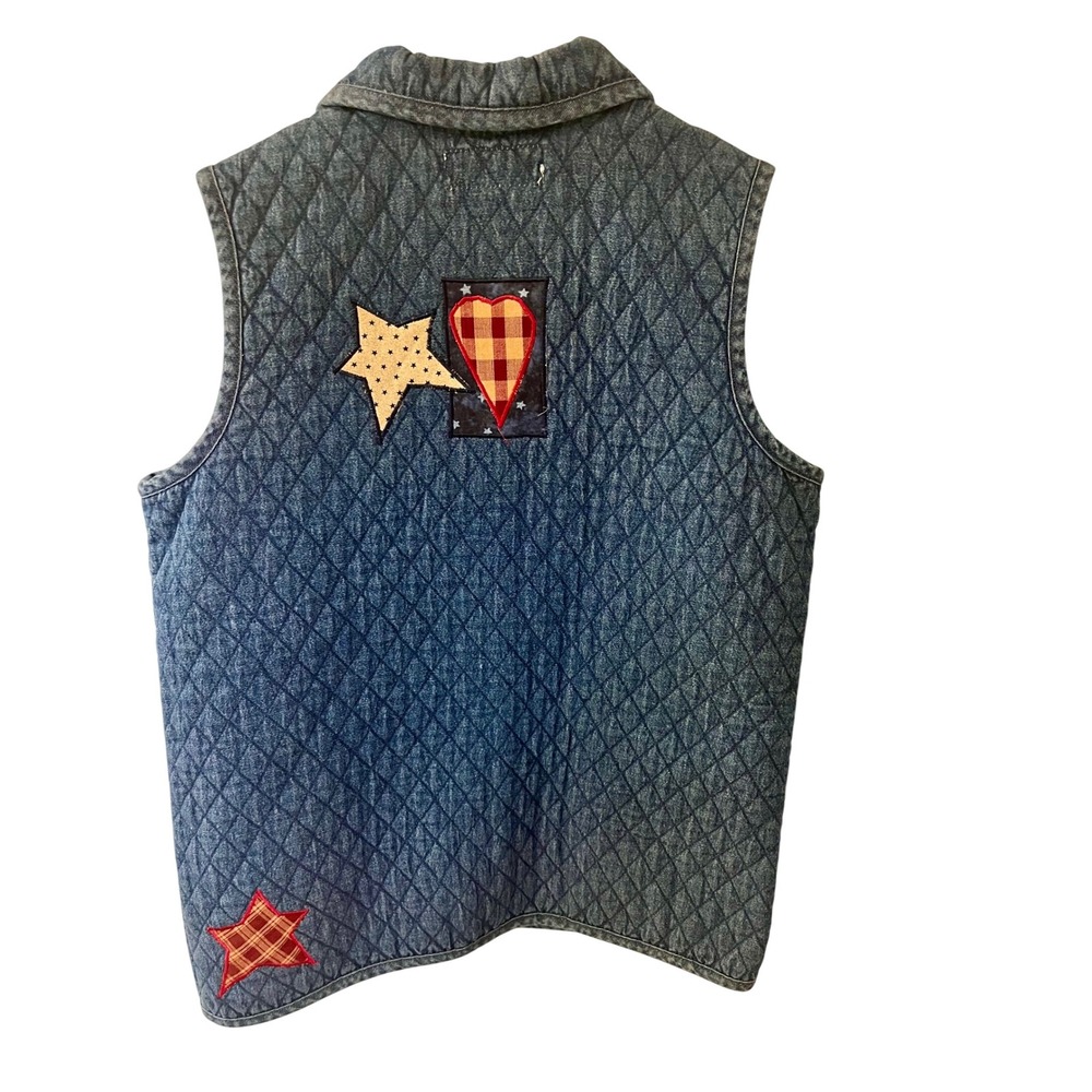 Haiks Quilted Denim Vest Womens Size S Patriotic Star Heart Patchwork - Picture 3 of 6